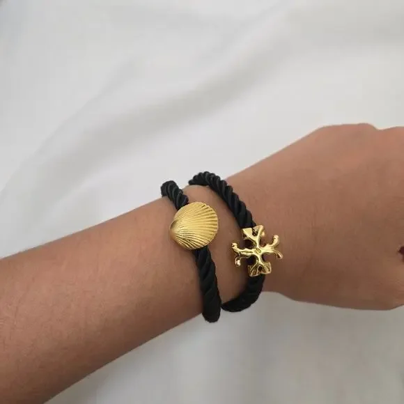 NEW Tory Burch Shell Logo Rope Bracelet Black 18K Gold Plated Bold Summer Beach - Picture 4 of 6